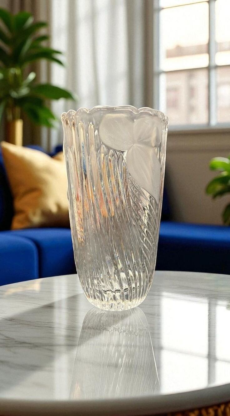 1960s German Bleikristall Anna Hutte Lead Crystal Frosted Iris Flower Rose Vase